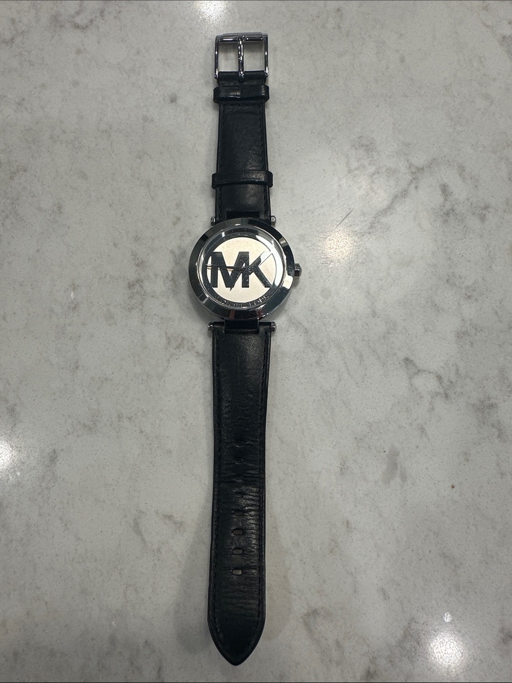 Michael Kors Black Leather Strap Watch with Silver MK Logo Dial